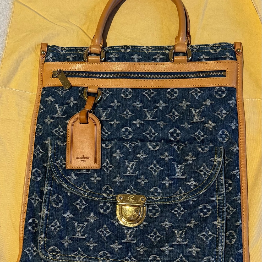 Louis Vuitton Blue Denim Monogram Tote with Tan Leather Trim